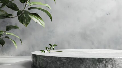 Monochrome gray template for mockup banner Flat granite pedestal and green leaves on light gray background Stone stand for natural design concept Horizontal image center composition : Generative AI