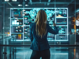 Wall Mural - Businesswoman Analyzing Financial Data on Large Interactive Screen in Futuristic Office Setting for Financial Planning