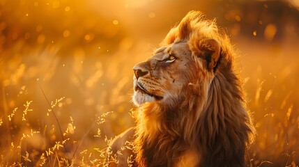 Sticker - Majestic Lion with Flowing Mane Amid Savannah Sunset Scenery Wildlife Portraits Concept