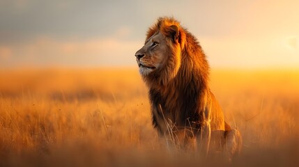 Wall Mural - Majestic Lion with Flowing Mane Set Against Golden Savannah Sunset Landscape