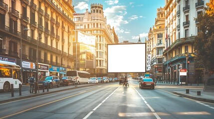Poster - Blank advertising billboard mockup on a sunny street in madridsurrounded by historic architecture and urban traffic : Generative AI
