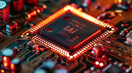 Wall Mural - Close-Up View of a Circuit Board with Illuminated Microchip in Focus