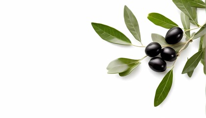 Wall Mural - Olive branch with black olives and green leaves on white background, AI Generated