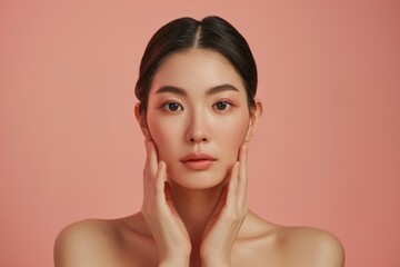 Young asian woman with clean smooth fresh skin on neutral pink background, Face care, Facial treatment, Cosmetology, beauty and spa, Asian women portrait