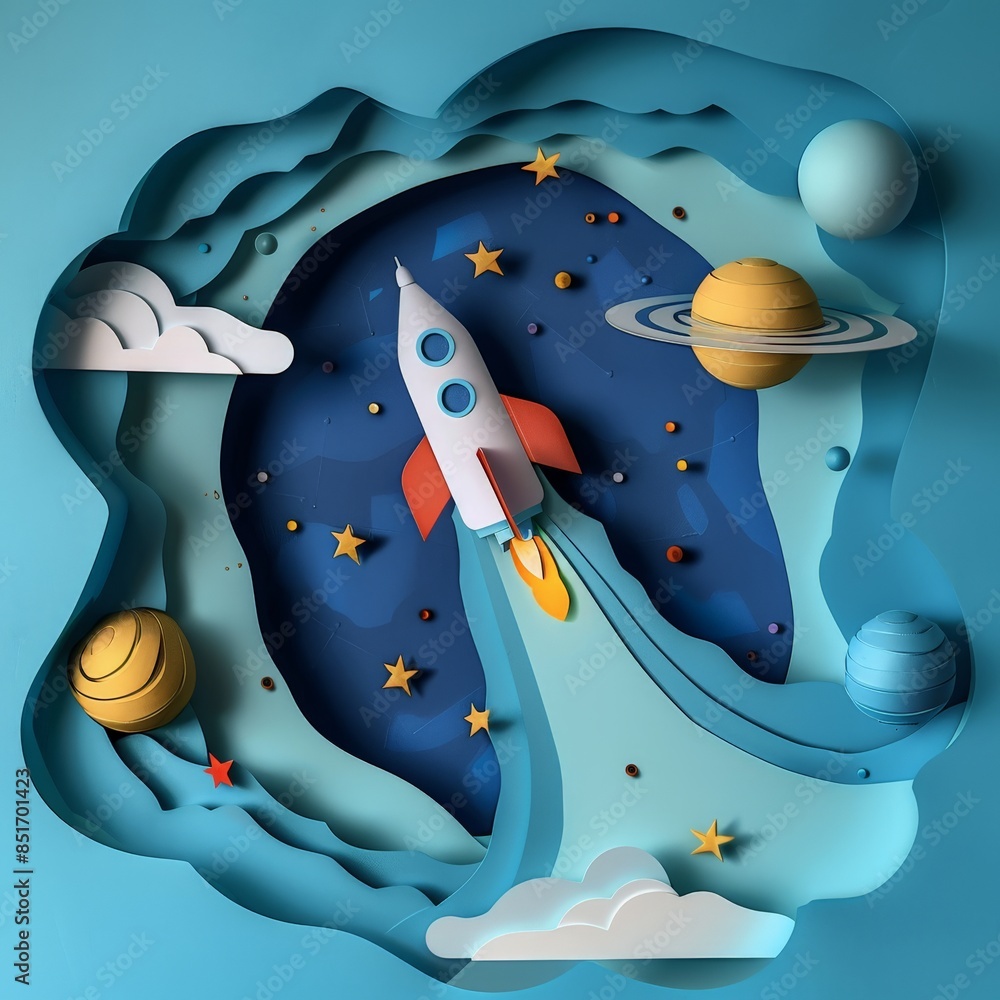 Colorful paper craft art featuring a rocket ship exploring planets and ...