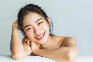 Beautiful young asian woman with clean fresh skin on white background, Face care, Facial treatment, Cosmetology, beauty and spa, Asian women portrait.