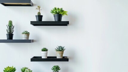 Poster - Home office Homework Black square shelves Succulents as decoration White wall copy space Open laptop Mockup Banner Panorama : Generative AI