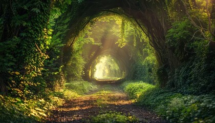 Wall Mural - enchanting green forest tunnel with lush foliage forming natural arch serene nature background