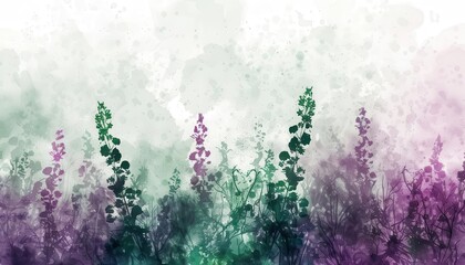Wall Mural - enchanting watercolor garden with plum and forest green hues abstract background