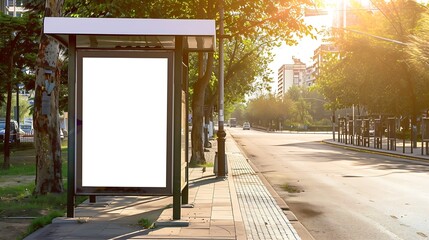 Poster - bus shelter blank ad panel billboard display empty white lightbox sign at busstop glass and aluminum structure city transit station urban street and green park setting outdoor advertis : Generative AI