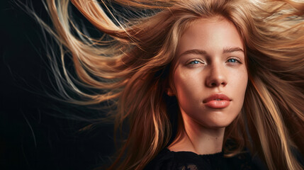 Wall Mural - Close up of the face of a girl with brown hair on a dark background. The concept of improving the appearance of hair, revealing femininity and attractiveness, and developing the hairdressing business.