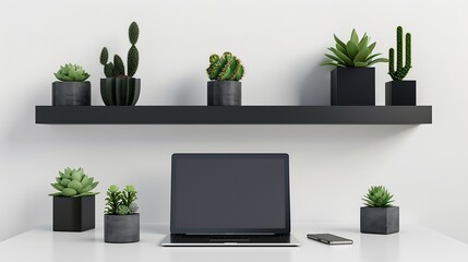Poster - Home office Homework Black square shelves Succulents as decoration White wall copy space Open laptop Mockup Banner Panorama : Generative AI