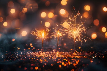 Festive celebration with sparklers. During celebration, bright sparklers create beautiful light effects. Warm golden tones and bokeh background evoke joyful, festive atmosphere. Concept for holidays