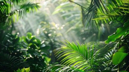 Wall Mural - Lush Greenery: Sunlight Filters Through Tropical Leaves in Gentle Breeze
