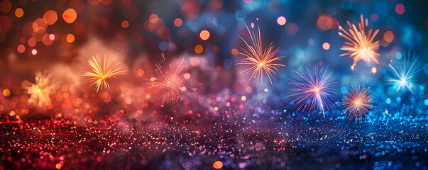 colorful golden fireworks light, bright flashes in blue sky with bokeh. festive atmosphere banner wi