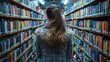 © easybanana - A young woman stands in a library, surrounded by shelves of books.