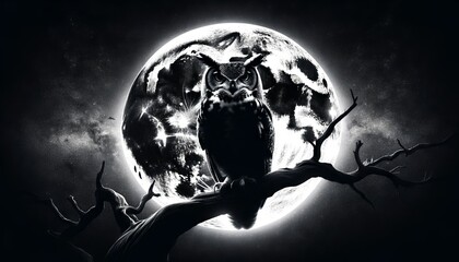 Wall Mural - An owl perched on a twisted tree branch, with a large, bright moon rising directly behind it, casting a ghostly glow.