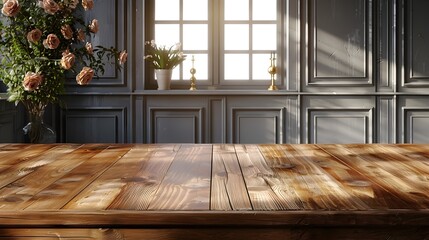 Poster - Classic Wooden Dining Table in Elegant Traditional Dining Room with Copy Space for Product Display