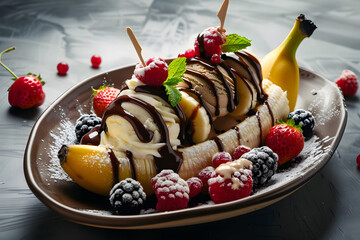 Wall Mural - banana split with scoops of ice cream, chocolate sauce and berries fruits