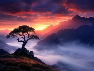 Stunning sunset landscape with a silhouetted tree on a mountain, surrounded by mist and dramatic skies. Perfect for nature enthusiasts.