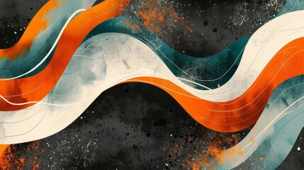 Wall Mural - A vibrant orange and teal color flow with white accents, set against a black background with a grainy texture, ideal for a music cover or dance party poster. 