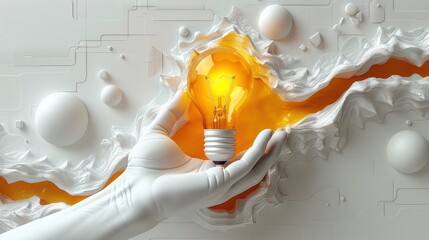 Wall Mural - A hand holding a glowing lightbulb. The lightbulb is surrounded by a white background with a crack.