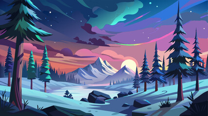 Aurora borealis landscape in nordic arctic forest, pines and snow sunset mattepainting illustration