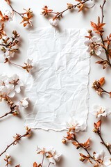 Wall Mural - Crumpled Paper with Flowering Branches in a Minimalist Floral Composition