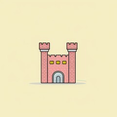 Minimalist cartoon illustration of a medieval castle with two towers on a light yellow background.