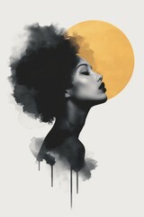 Wall Mural - A woman with a black head and a yellow sun in the background