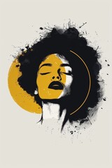 Wall Mural - A woman with a black and yellow head is painted on a white background