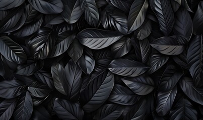 Top view of black leaves, tropical leaf background.
