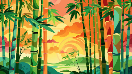 Tall tropical bamboo wall mural painted art, watercolor art style wallpaper background.