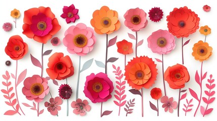 Wall Mural - Vivid paper poppies, decorative floral design element, clip art set, isolated on white background