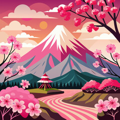 a pink inspired mountain fuji wallpaper, cherry tree style