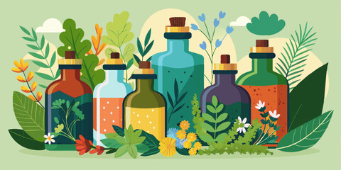 Herb oil bottles of homeopathy herbs. 