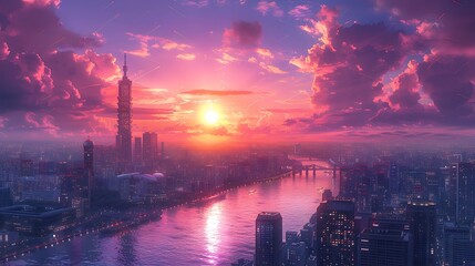 Wall Mural - sunset over the river