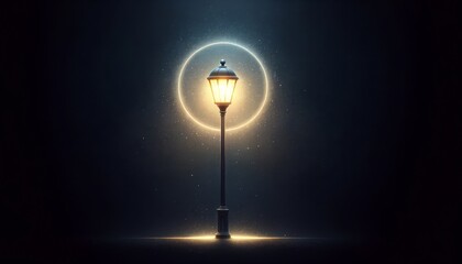 A single street lamp with a glowing light against a dark textured background, emitting a soft halo of light.