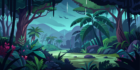 Wall Mural - Dark tropical forest in the rain, large exotic plants in the forest. Green background. 