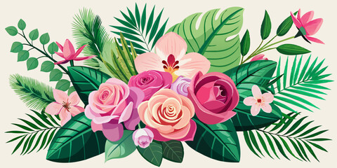 Wall Mural - Pink rose and tropical orchid flowers with green leaves floral arrangement nature wedding backdrop.