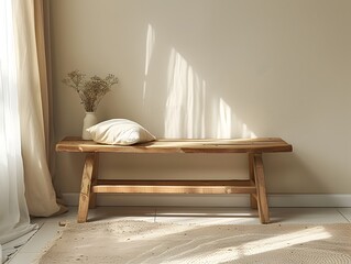 Wall Mural - Simple Wooden Table in Minimalist Bedroom with Serene Lighting and Copy Space