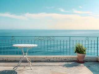 Poster - Outdoor Table on Balcony with Ocean View Empty Surface for Product Display