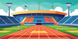 © Alexander - front view of an athletics stadium with a racetrack and starting blocks.