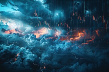 Stock market volatility depicted with stormy clouds and lightning 