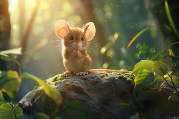 cute little mouse character sitting on a rock in a magical forest