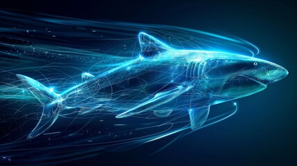 A luminous, digital representation of a shark swimming through dark waters, with glowing lines and particles.