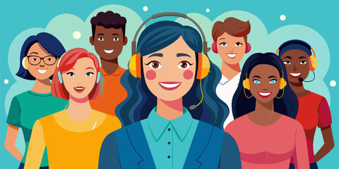 Portrait of female call center worker accompanied by his team. Smiling customer support operator at work. Diverse group of people.