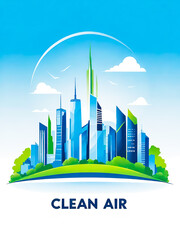 Clean air cityscape with modern skyscrapers and nature elements. Flat vector illustration with environmental concept for poster and banner.