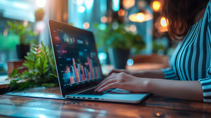 Wall Mural - Womanâs hands working on a laptop, with a modern office backdrop and digital marketing analytics displayed on the screen.