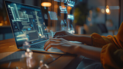 A womanâs hands typing on a laptop, with augmented reality business interfaces floating around, symbolizing futuristic remote work technology.